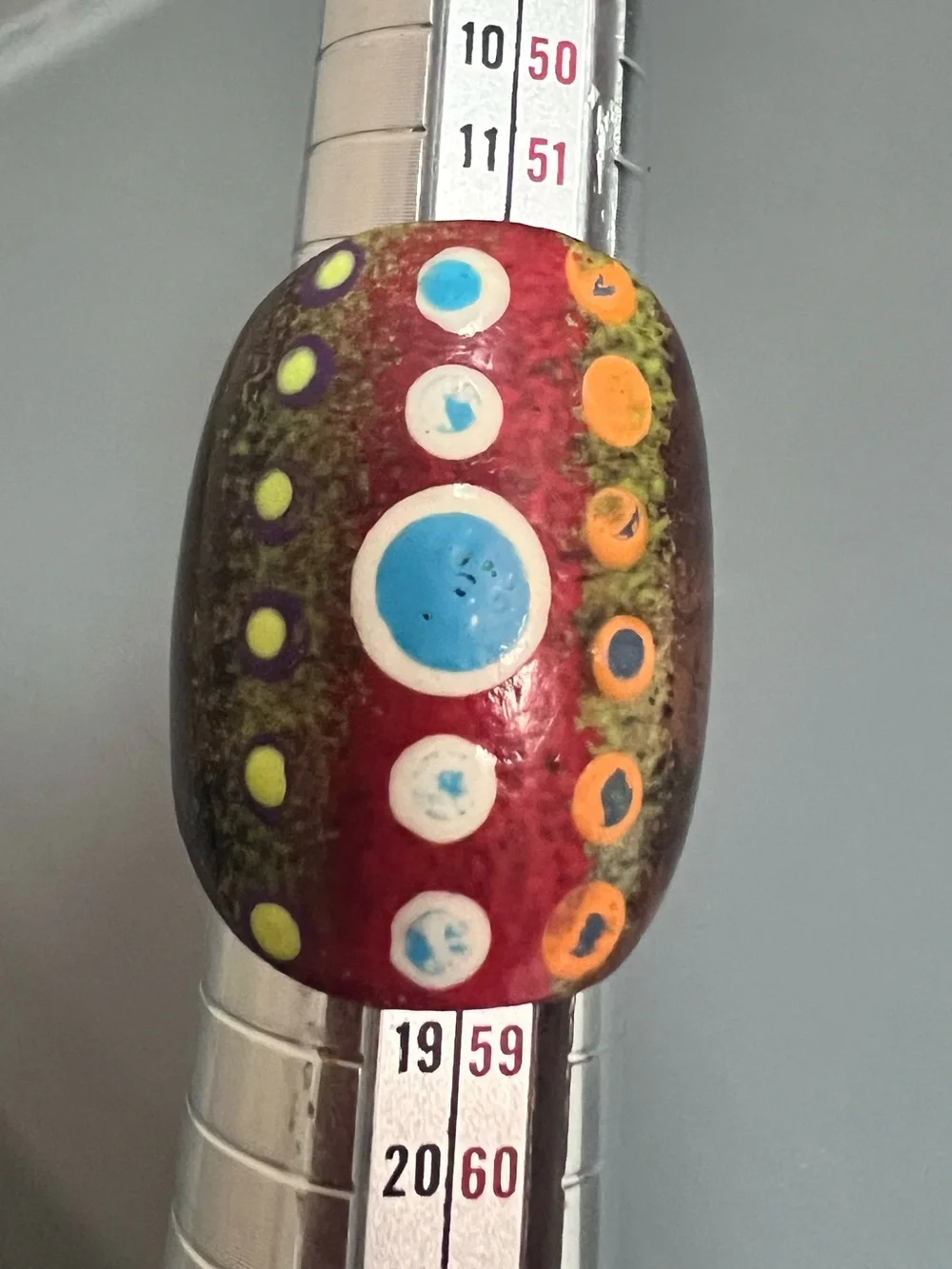 Handcrafted Multicolor hand painted wooden ring  - Vibrant Red, Blue & Orange